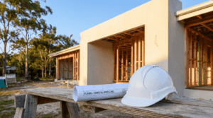 Residential home being built under a Complying Development Certificate in Northern NSW, with architectural plans and a hard hat on site