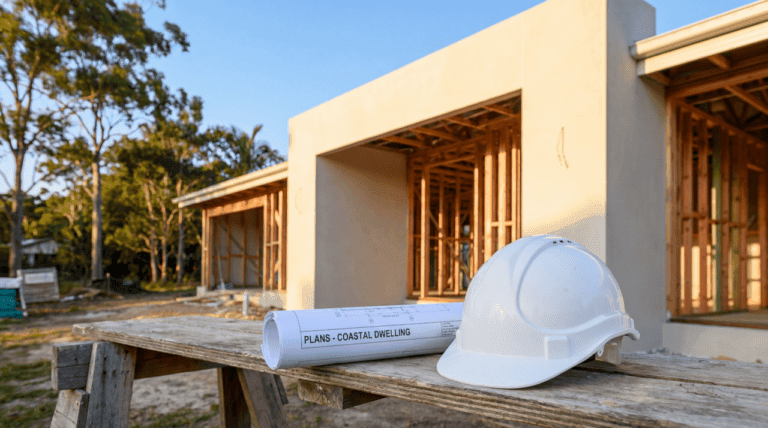 Residential home being built under a Complying Development Certificate in Northern NSW, with architectural plans and a hard hat on site