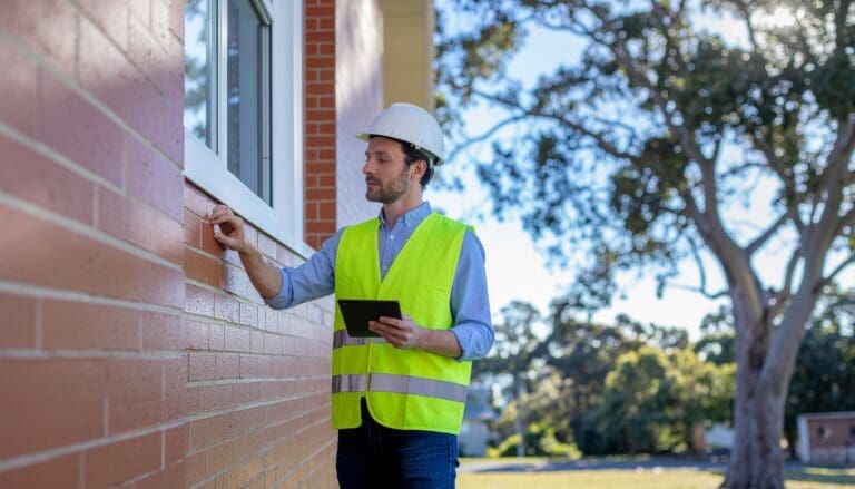 Building consultant in hi-vis vest and hard hat inspecting cracks in a brick wall during a dilapidation report in Northern NSW