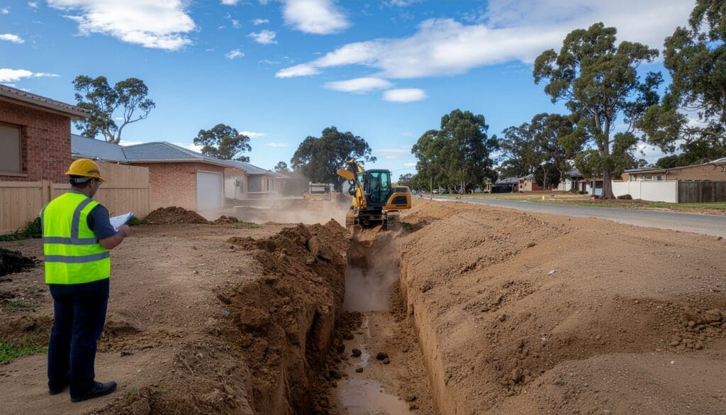 Excavator digging a deep foundation trench near a property boundary on a Northern NSW construction site, with a building consultant documenting the adjoining home.